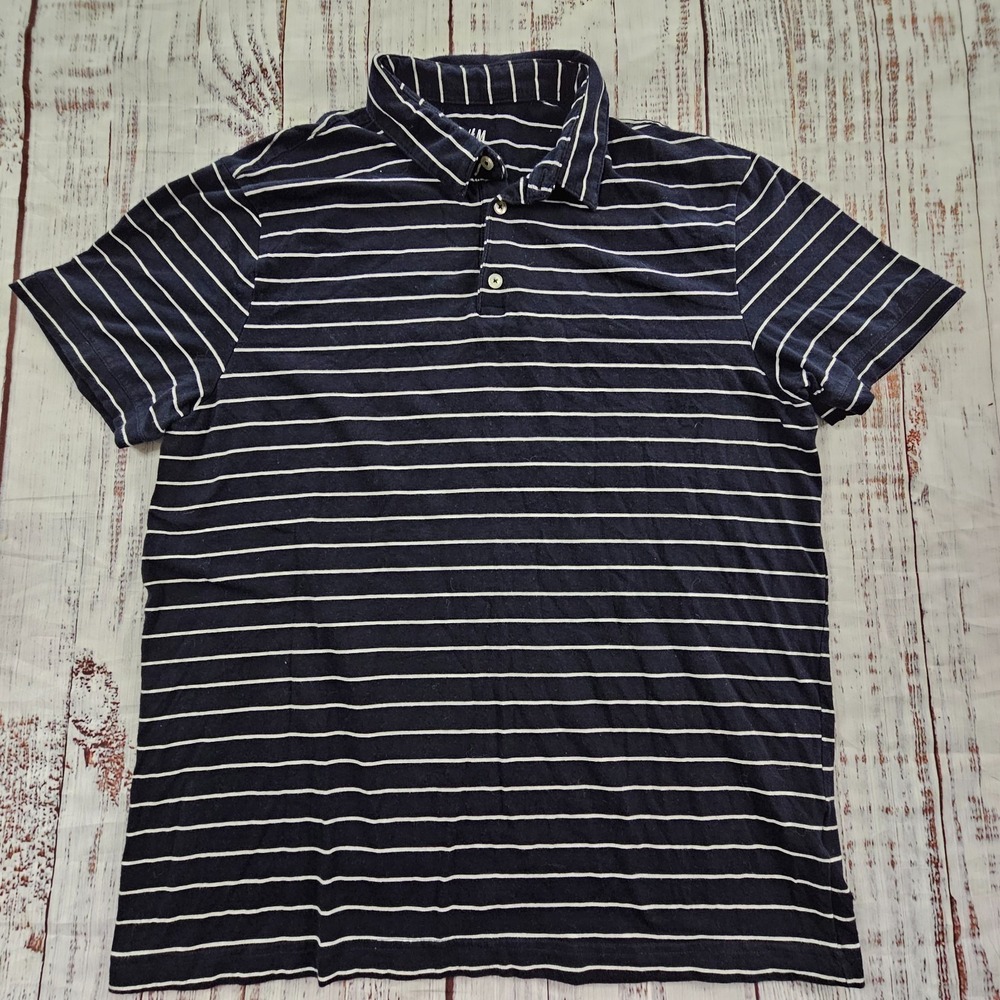 H&M Slim Fit Blue Striped Short Sleeve Polo Shirt Men's L